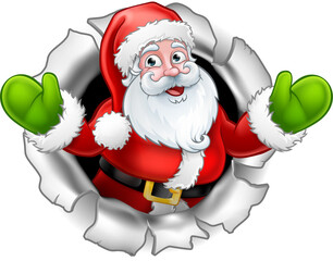 Santa Cartoon Tearing Through a Background