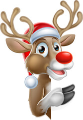 Fototapeta na wymiar Santa Hat Reindeer Pointing from Behind Sign