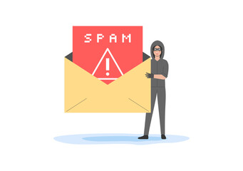 Concept Of Spamming Mailbox, Cyber Crime And Hacker Attack. Cheater In Face Mask Make Spam Mailing Using Malware. Criminal Making Spam Mailing. Cartoon Outline Linear Flat Style. Vector Illustration