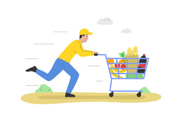 Concept Of Home And Office Food Delivery. Courier In Uniform Deliver Food Supply To Customers. Courier Service Worker Carries Cart With Grocery. Cartoon Linear Outline Flat Style. Vector Illustration