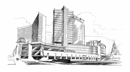 Russia, Moscow. Architectural sketch of a multistory buildings. Freehand pencil drawing of the center of Moscow. Vector