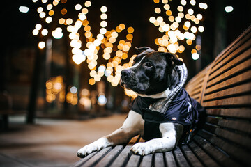 American stafordshire terrier dog posing outside in city center. beautiful city lights background.