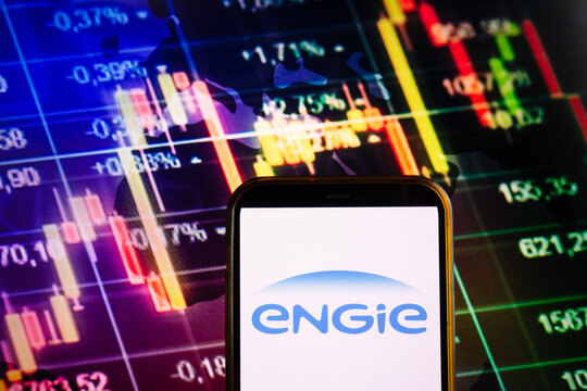 KONSKIE, POLAND - September 10, 2022: Smartphone displaying logo of Engie company on stock exchange chart background