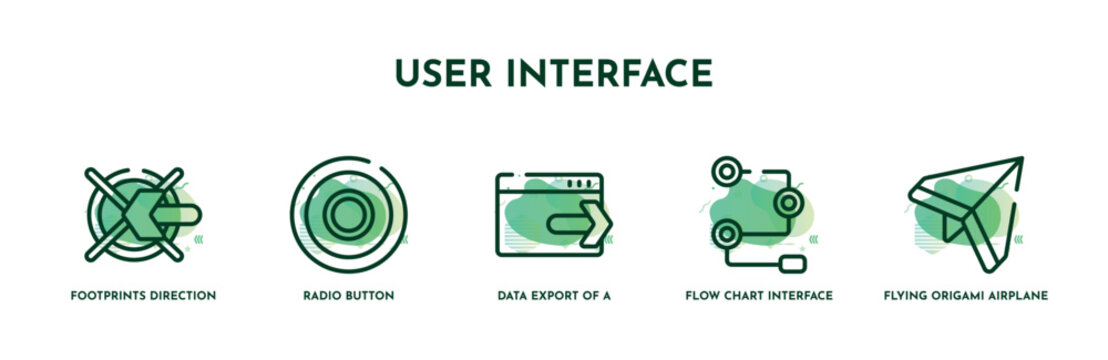 Set Of 5 Thin Line User Interface Icons. Outline Icons Including Footprints Direction Sketch, Radio Button, Data Export Of A Window With An Arrow, Flow Chart Interface, Flying Origami Airplane