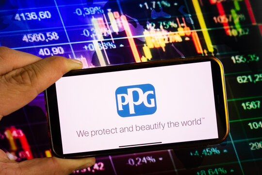 KONSKIE, POLAND - September 10, 2022: Smartphone displaying logo of PPG Industries company on stock exchange chart background