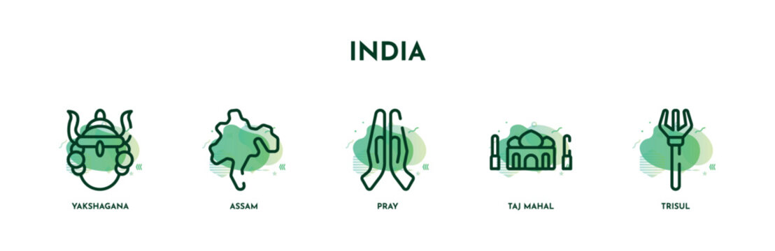 set of 5 thin line india icons. outline icons including yakshagana, assam, pray, taj mahal, trisul vector. can be used web and mobile.