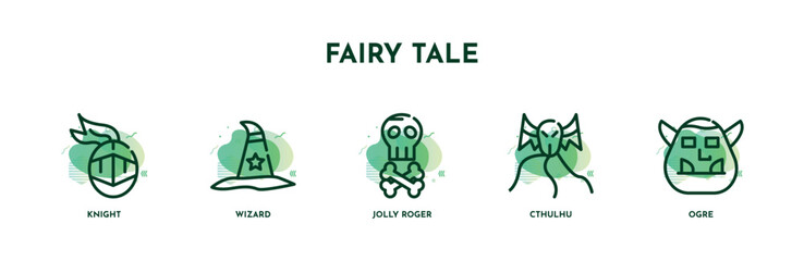 set of 5 thin line fairy tale icons. outline icons including knight, wizard, jolly roger, cthulhu, ogre vector. can be used web and mobile.