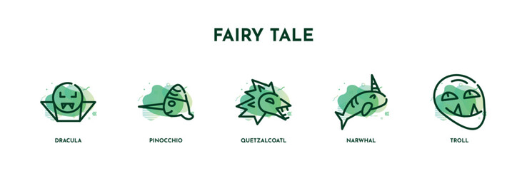 set of 5 thin line fairy tale icons. outline icons including dracula, pinocchio, quetzalcoatl, narwhal, troll vector. can be used web and mobile. - obrazy, fototapety, plakaty