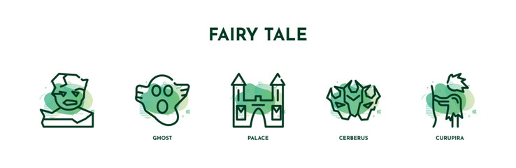 Fototapeta na wymiar set of 5 thin line fairy tale icons. outline icons including , ghost, palace, cerberus, curupira vector. can be used web and mobile.