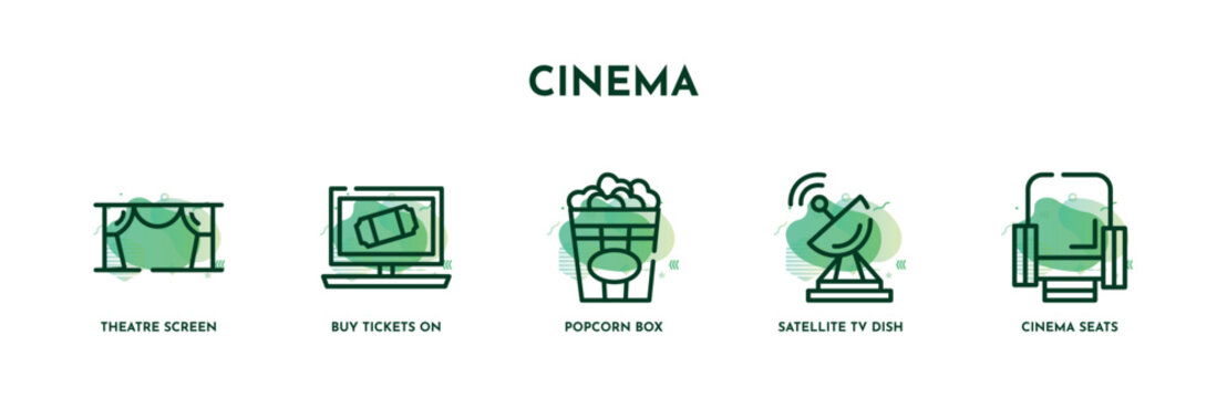 set of 5 thin line cinema icons. outline icons including theatre screen, buy tickets on, popcorn box, satellite tv dish, cinema seats vector. can be used web and mobile.