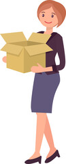 Cute cartoon people female woman character holding opened empty paper box