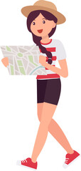 Cute cartoon people female woman character looking at map