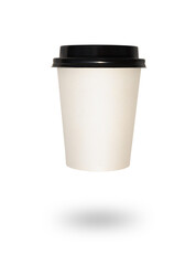 Disposable paper glass for hot drinks covered by black plastic cap isolated on white background for graphic materials 