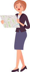 Cute cartoon people female woman character looking at map