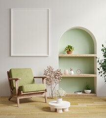 Fototapeta na wymiar Mock up poster frame with green armchair in modern interior background.