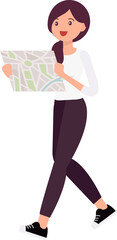 Cute cartoon people female woman character looking at map