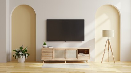 Smart TV on the two tone color wall in living room,minimal design.