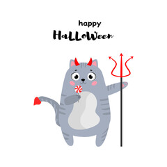 Halloween cat. A cute cat in a devil's costume with a candy in his hands. Crap. Halloween party. Cat with horns and pitchfork. Hand drawn vector illustration. Flat design. Idea for printed matter.
