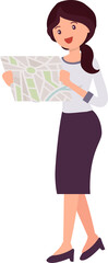 Cute cartoon people female woman character looking at map