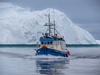 Naklejka premium Cruising among gigantic icebergs crowding the waters of the Disko Bay north of the Artic Circle near Ilulissat, Western Greenland