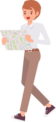Cute cartoon people male man character looking at map
