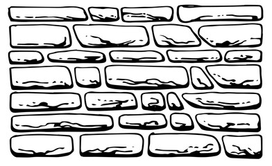 Wall made of rounded smooth stone. Masonry in construction of houses and fences. Natural building material. Hand drawn outline sketch. Isolated on white background. Vector.