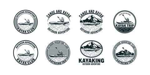 Collection of Retro vintage mountain, rafting, kayaking, paddling, canoeing camp logo, labels and badges