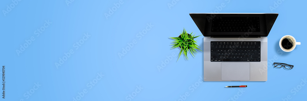 Fototapete top view flat lay work desk table business concept with computer laptop pen glasses white cup of cof