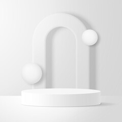 Minimal scene of white interior with arch, podium and geometric shapes.