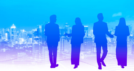 Silhouette business group people standing walking and discussing with city background, Futuristic modern business concept