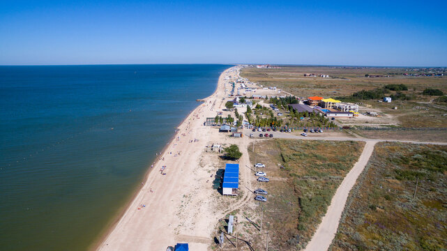 Aerial view of the Dolzhanskaya foreland and the Azov Sea. Russia