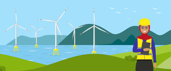 Wind turbines in the sea and a Muslim woman engineer. Wind towers in the ocean and a worker. Offshore wind farm concept. Horizontal banner or poster. Flat vector illustration