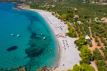 Aerial drone photo of Ritsa beach near Kardamili village  in Messinian Mani, Peloponnese, Greeceardamili