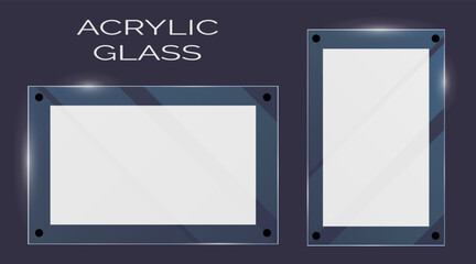 Vector plastic and acrylic glass mockup with glow light reflection on the edge of frame. Window, screen or plate  with shiny glare effect on a transparent dark blue background.
