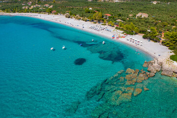 Fototapeta na wymiar Aerial drone photo of Ritsa beach near Kardamili village in Messinian Mani, Peloponnese, Greeceardamili