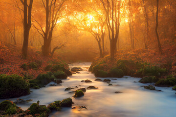 Autumn forest and forest stream at sunset - obrazy, fototapety, plakaty