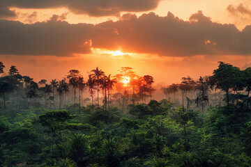 Wild jungle landscape at sunset 