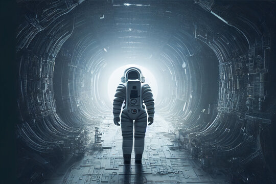 Illustration of an astronaut in space suit standing in a tunnel of a space station