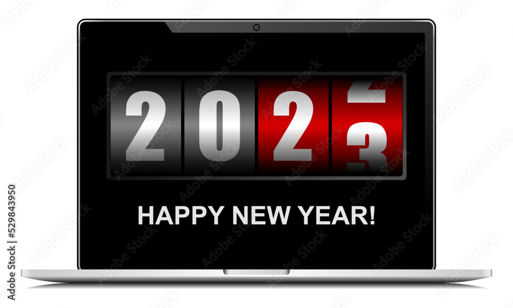 Poster happy new year 2023 vector illustration with counter on notebook screen