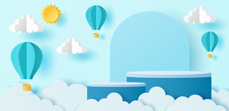 Paper cut of cylinder podium with hot air balloons, sun and clouds on blue sky background  for your products display presentation.