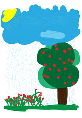 childhood weather 
tree, sun, drawing of an 11-year-old child for the first time in an illustrator about the weather of his dreams
