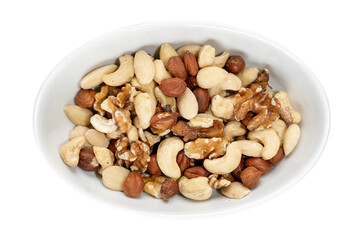 Eine Schale voller Nüsse, Mandeln, Cashews, Haselnüssen und Walnüssen - Studentenfutter