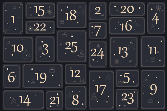 advent calendar with 25 cells in black gold color with graphic elements