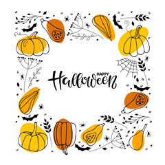 Happy Halloween calligraphy lettering in Square Border with orange Pumpkin, black dry plants, bat, spider, cobweb. Hand drawn autumn vector backdrop with copy space. Halloween holidays sketch design