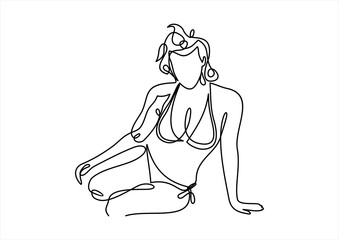 Beautiful woman in bikini sunbathing at the seaside-continuous line drawing