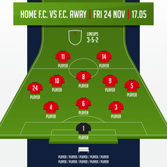 Football team formation, starting list or lineups infographic template. Set of football player position on soccer field.  Football kit, soccer jersey icon in flat design.  © tondruangwit