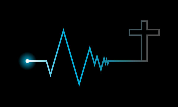 Line blue heartbeat cardiograph with christian crucifix cross religion death concept heart disease on black background icon vector design.