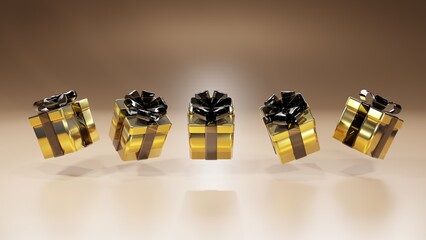 3d rendering luxury gift box Gold  with Glass Ribbon
