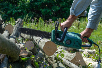 A man is sawing a tree with a chainsaw. A young near his house