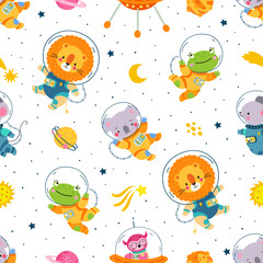 Space animals seamless pattern. Kindergarten wallpaper with pets in cosmos. Cute lion frog and koala in astronaut suits. Nowaday children animal print